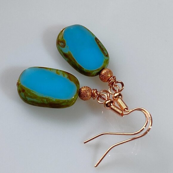 ❤️ Turquoise Picasso Czech Pressed Table Cut Glass Earrings - Picture 8 of 10